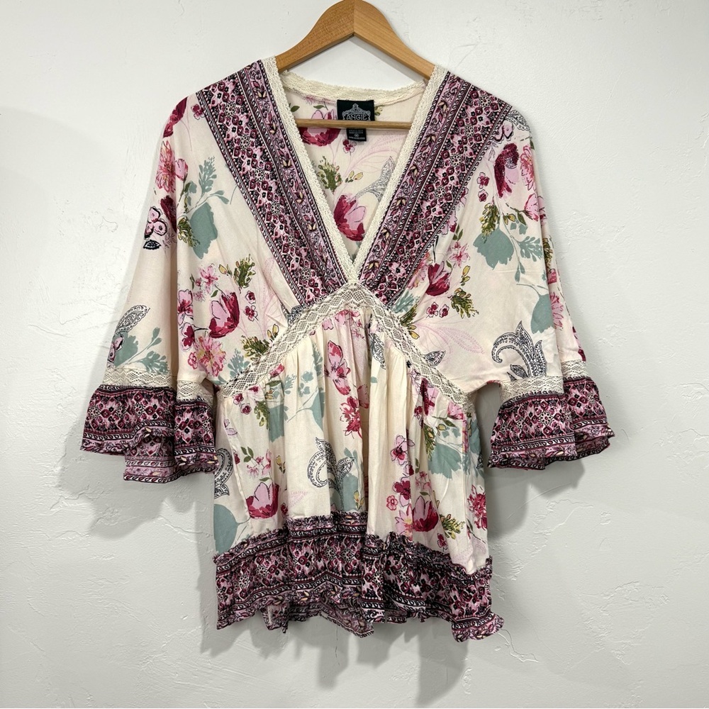 Angie Pink Cream Floral Boho Blouse Babydoll V neck Whimsical Cottagecore Fairy